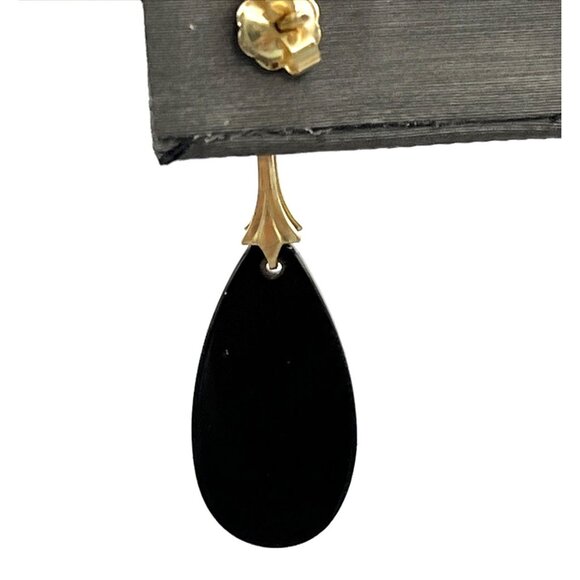 Vintage 14k Yellow Gold Pearl Onyx Dangle Pierced Earrings 1 3/8" - Picture 6 of 8